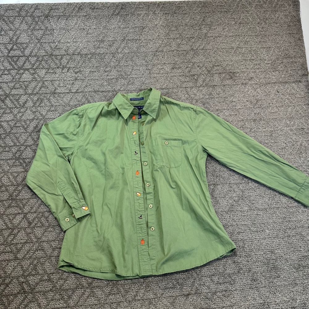 Mountain Lake Women's Green Cotton Button Down Shirt Halloween Embroidery